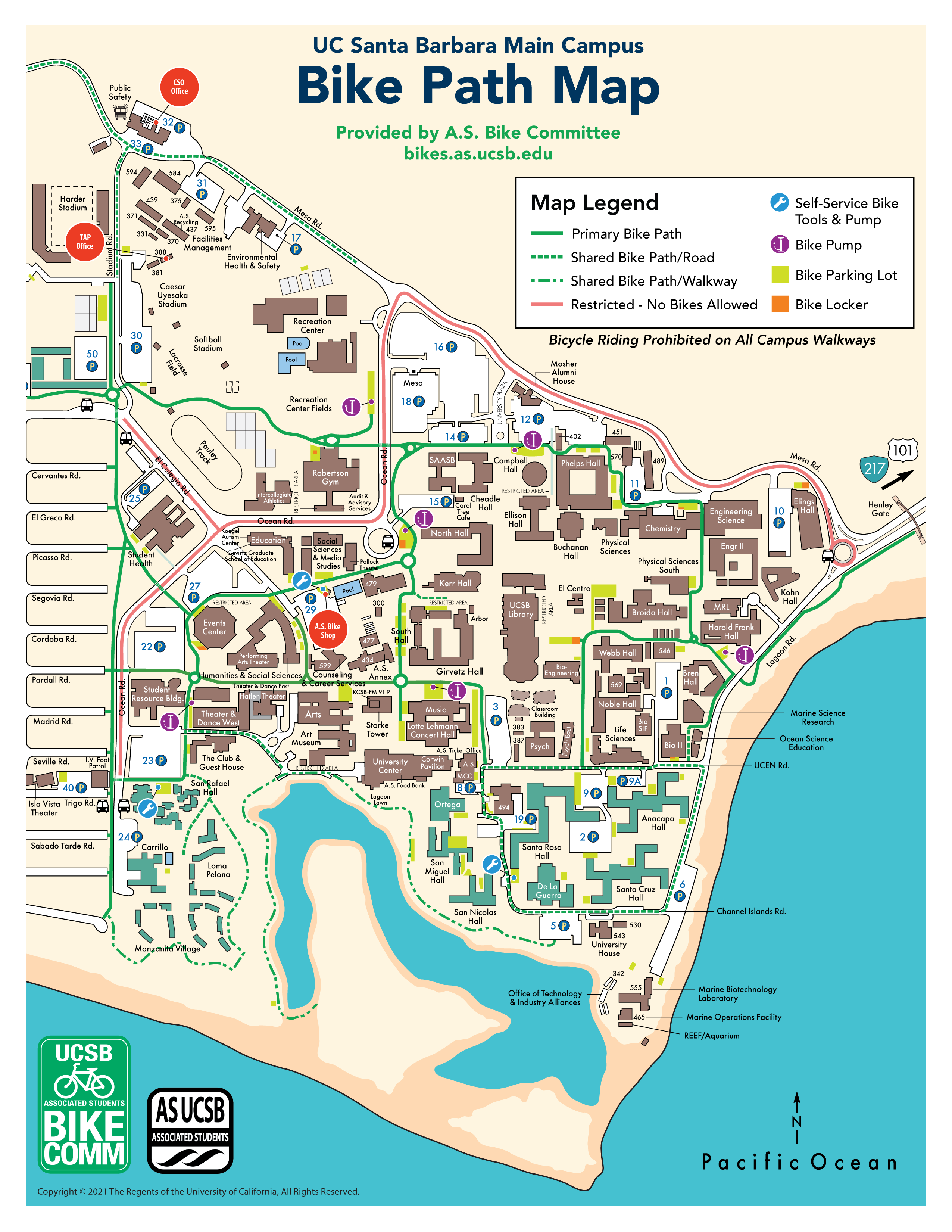 A map of the UCSB campus bike paths and lots